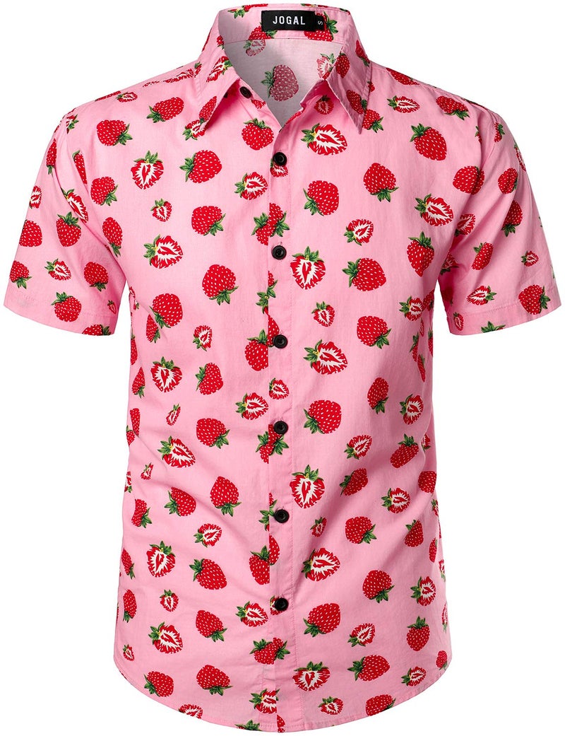 JOGAL Men's Cotton Button Down Short Sleeve Hawaiian Shirt Medium Pink Strawberry - Image 1